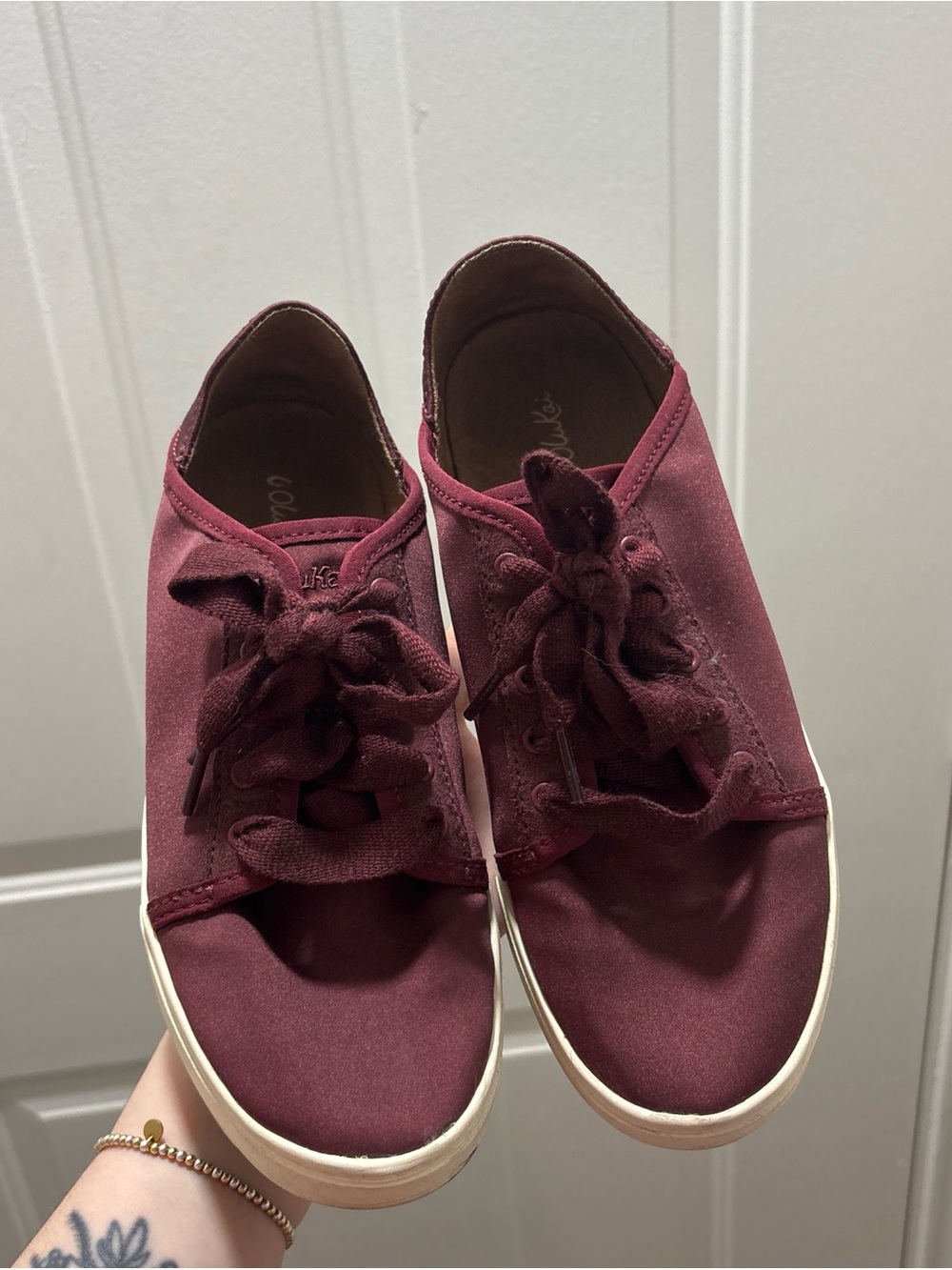 OluKai Women's Lace-Up Sneakers in Burgundy with drop down ankle